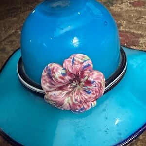 Murano Blue Hat with Pink Floral Accent